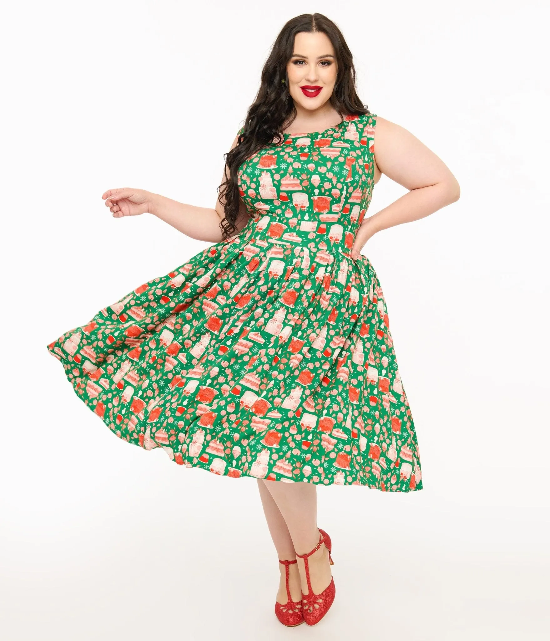 Miss Lulo Plus Size 1950s Green & Red Holiday Cake Lily Swing Dress sold by Unique Vintage