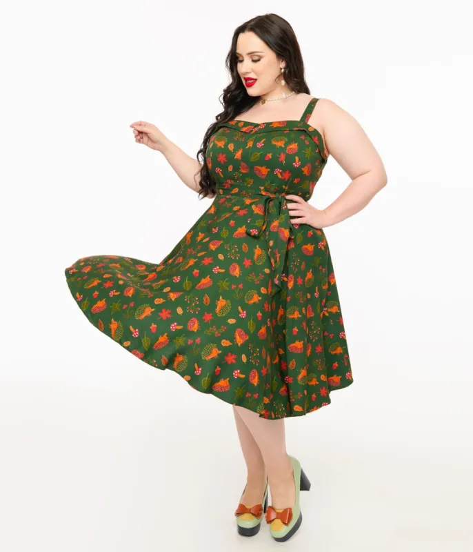 Miss Lulo Plus Size 1950s Green Hedgehog Forest Print Kyla Fit & Flare Dress sold by Unique Vintage