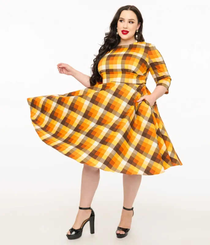 Hell Bunny Plus Size 1950s Autumn Check Cotton Darlene Swing Dress sold by Unique Vintage
