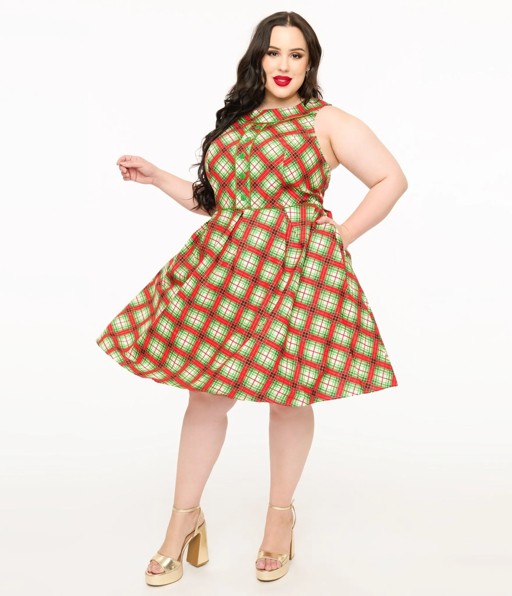 Retrolicious Plus Size 1950s Red Tartan Holiday Elizabeth Swing Dress sold by Unique Vintage