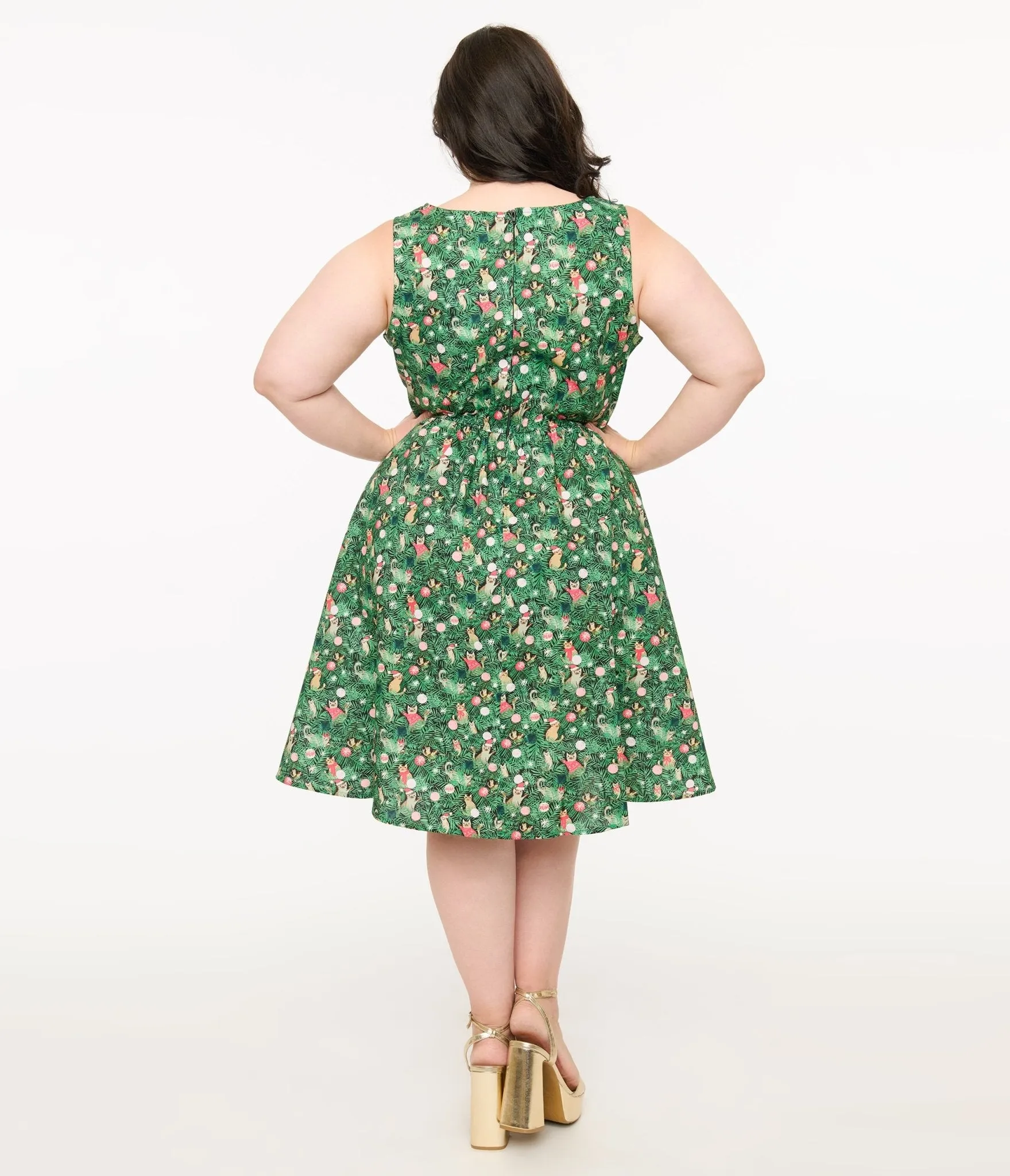 Retrolicious Plus Size 1950s Green Holiday Cat Print Cotton Swing Dress sold by Unique Vintage product image thumbnail 3