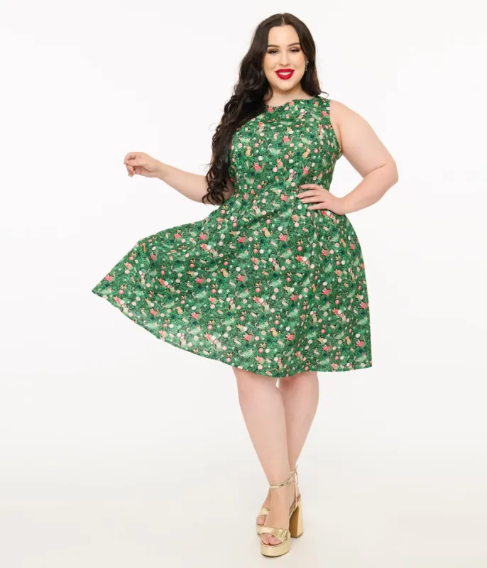 Retrolicious Plus Size 1950s Green Holiday Cat Print Cotton Swing Dress sold by Unique Vintage