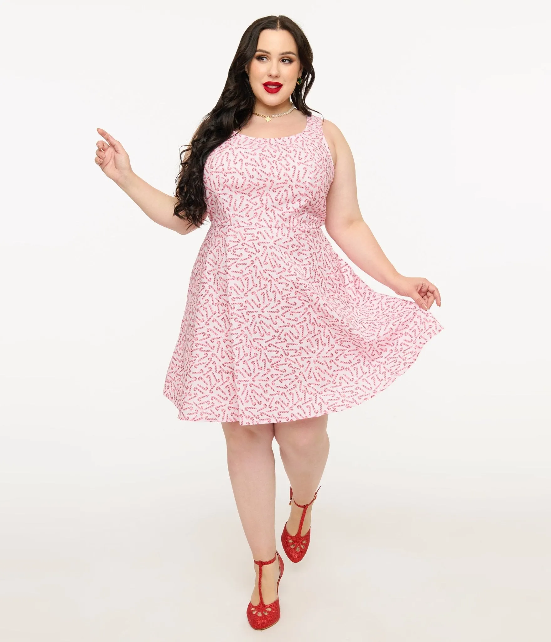 Retrolicious Plus Size 1950s Candy Cane Print Cotton Skater Dress sold by Unique Vintage