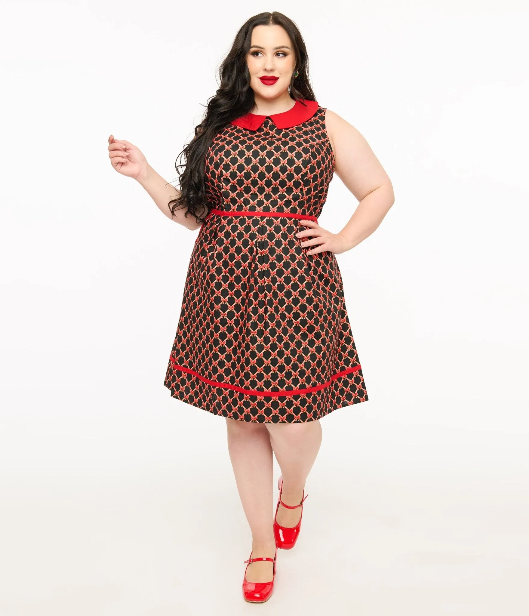 Retrolicious Plus Size 1950s Black & Red Bow Cotton Fit & Flare Dress sold by Unique Vintage