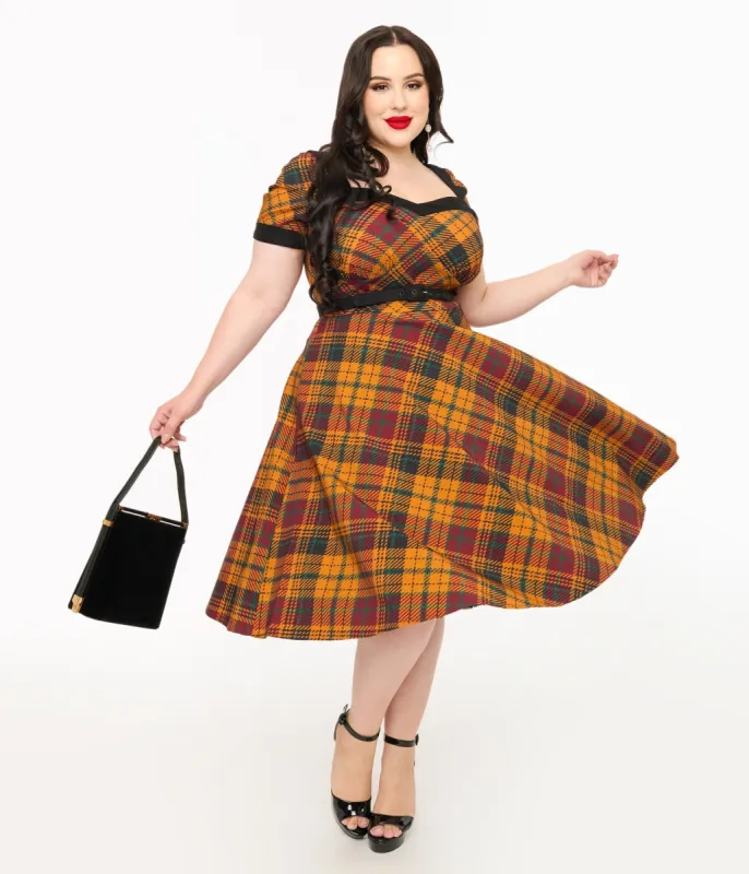 Unique Vintage Plus Size 1950s Mustard Yellow & Burgundy Plaid Swing Dress sold by Unique Vintage
