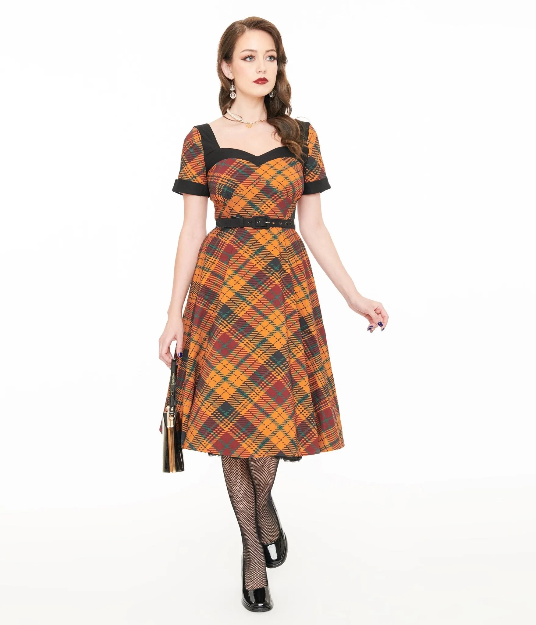 Unique Vintage 1950s Mustard Yellow & Burgundy Plaid Swing Dress sold by Unique Vintage product image thumbnail 3