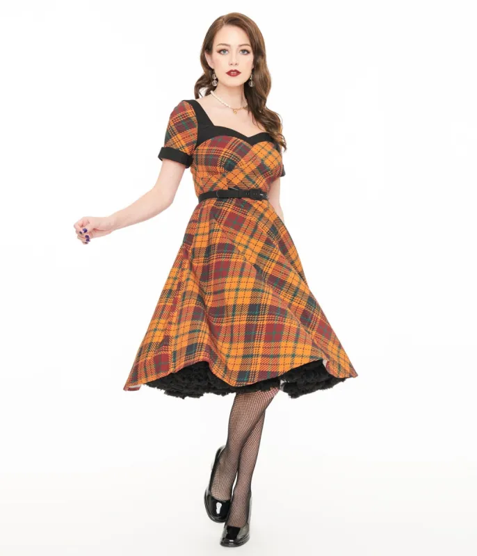 Unique Vintage 1950s Mustard Yellow & Burgundy Plaid Swing Dress sold by Unique Vintage