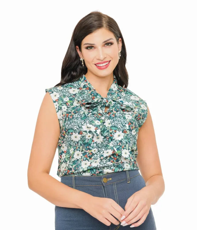 Retrolicious 1950s Winter Floral Cotton Bow Top sold by Unique Vintage