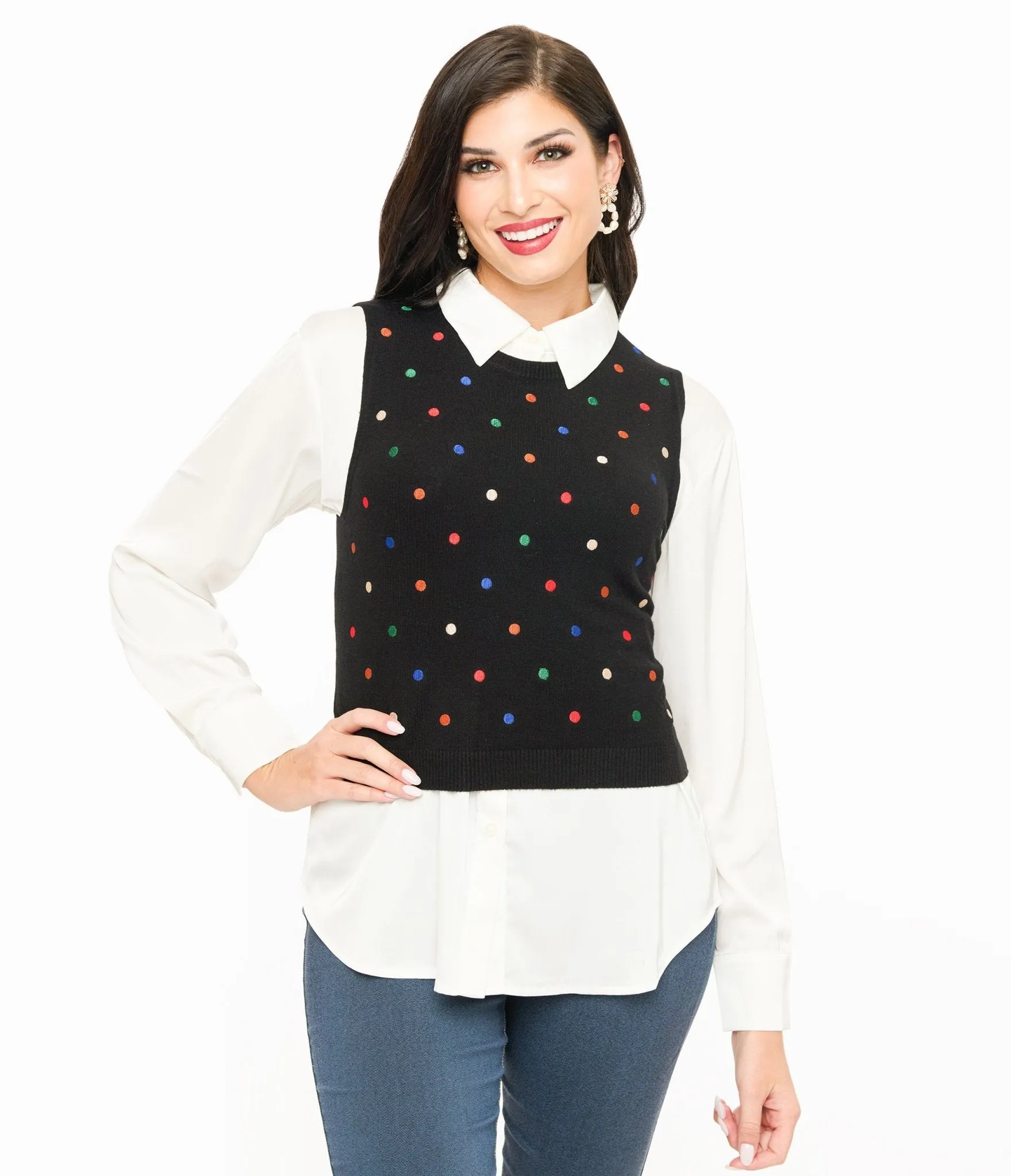 Black & Multicolor Polka Dot Sweater Vest sold by Unique Vintage
