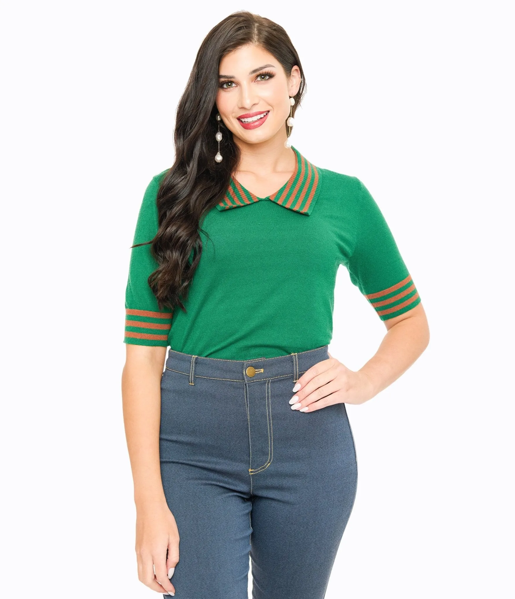 Green & Orange Striped Collar Knit Sweater sold by Unique Vintage