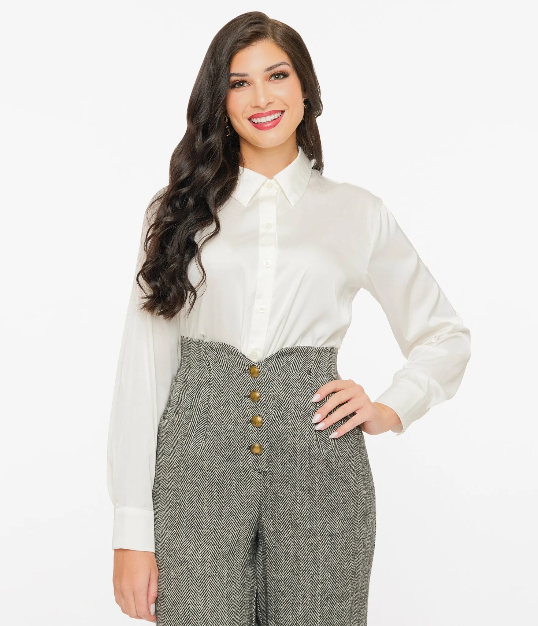 Ivory Satin Charmeuse Button Front Blouse sold by Unique Vintage