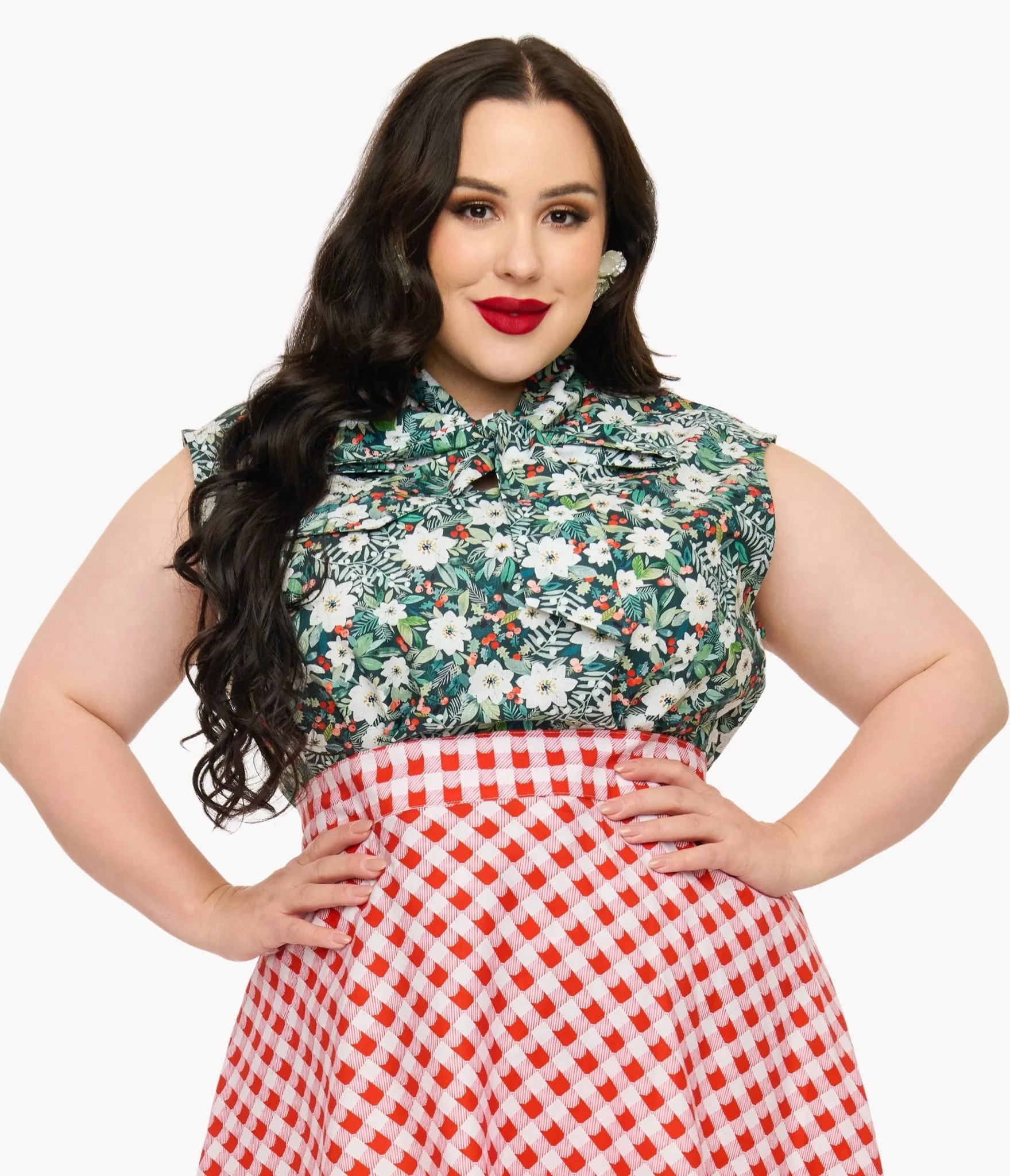 Retrolicious Plus Size 1950s Winter Floral Cotton Bow Top sold by Unique Vintage