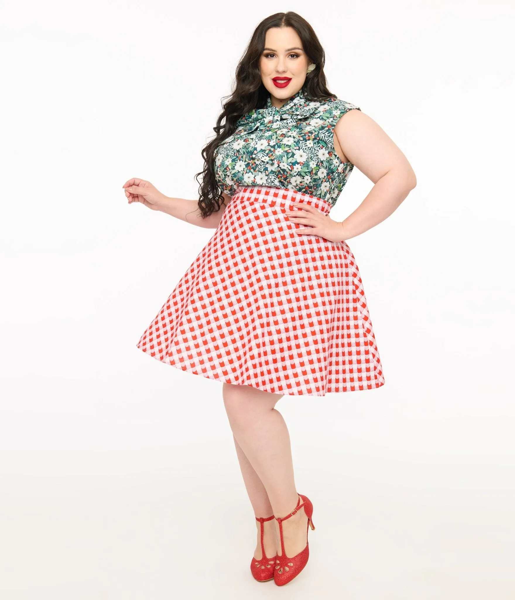 Retrolicious Plus Size 1950s Red Check Skater Skirt sold by Unique Vintage