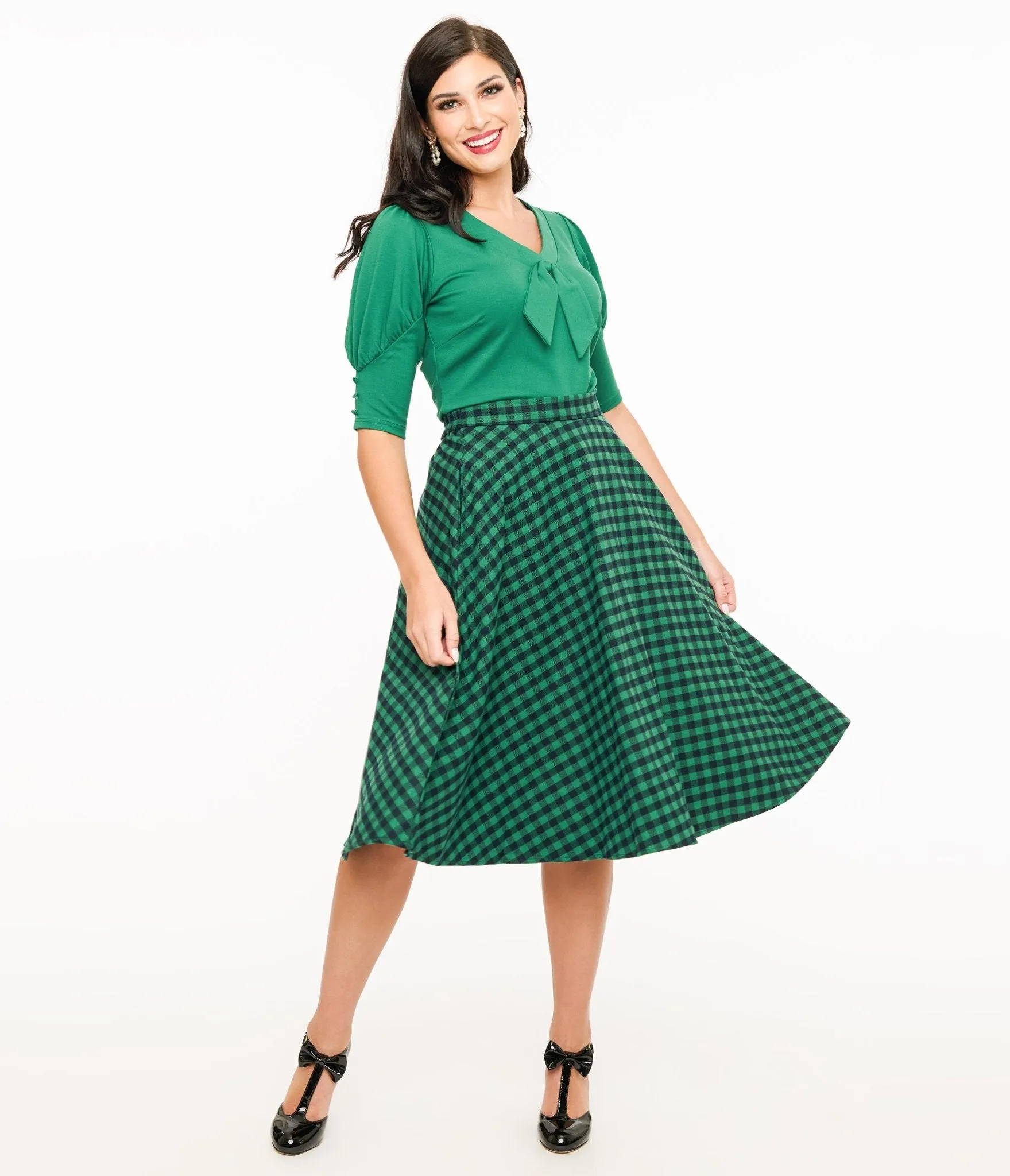 Green & Black Plaid Midi Skirt sold by Unique Vintage