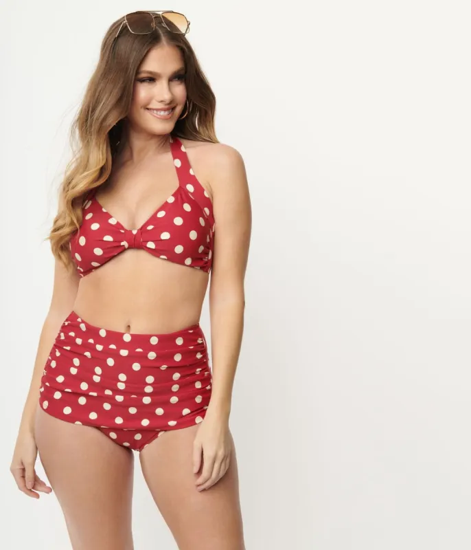 Esther Williams 1950s Retro Red & Ivory Dot High Waist Swim Bottoms sold by Unique Vintage