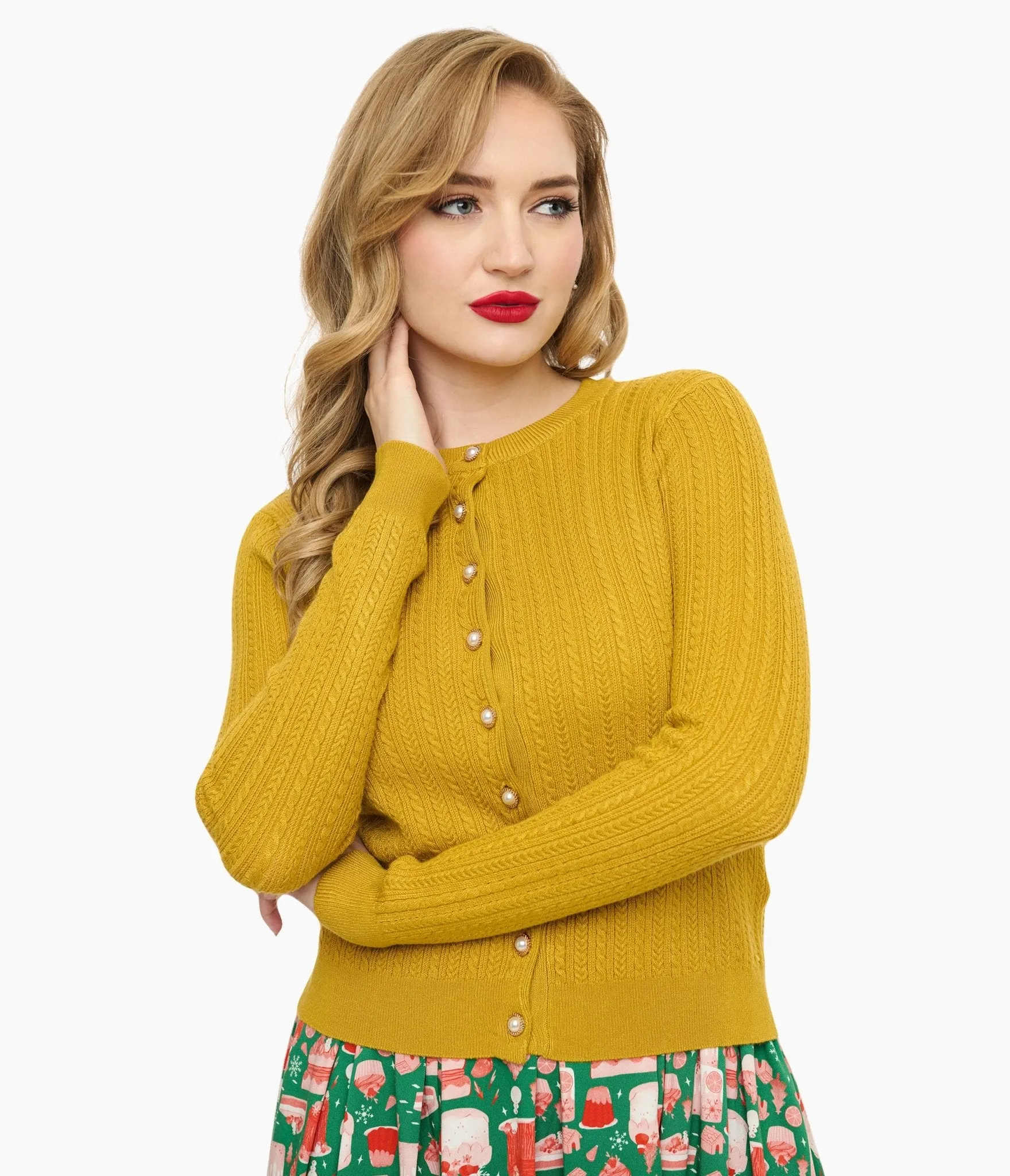Voodoo Vixen 1950s Mustard Yellow Textured Cardigan sold by Unique Vintage product image thumbnail 3