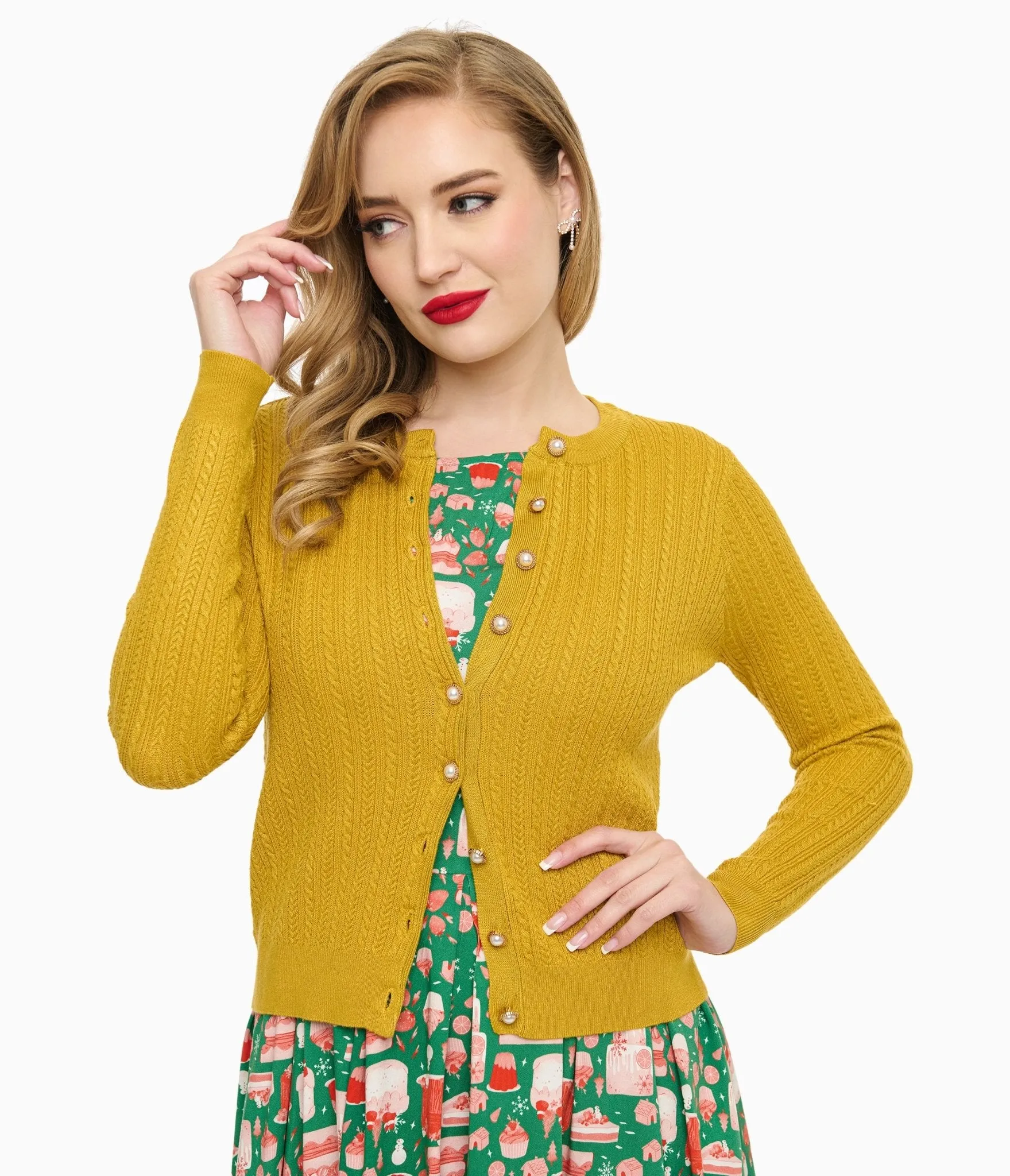 Voodoo Vixen 1950s Mustard Yellow Textured Cardigan sold by Unique Vintage