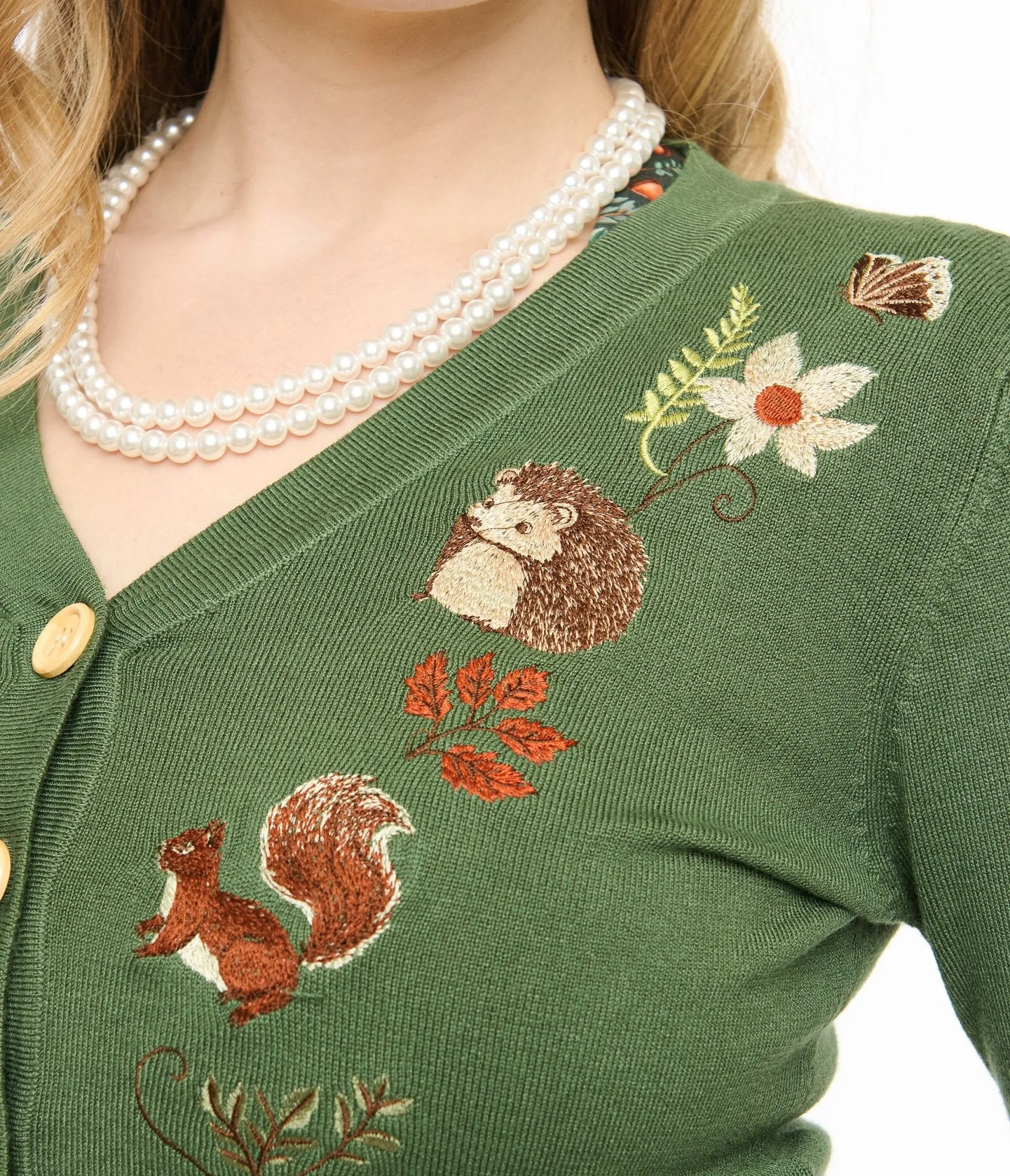 Voodoo Vixen 1950s Green Woodland Embroidered Cardigan sold by Unique Vintage product image thumbnail 2