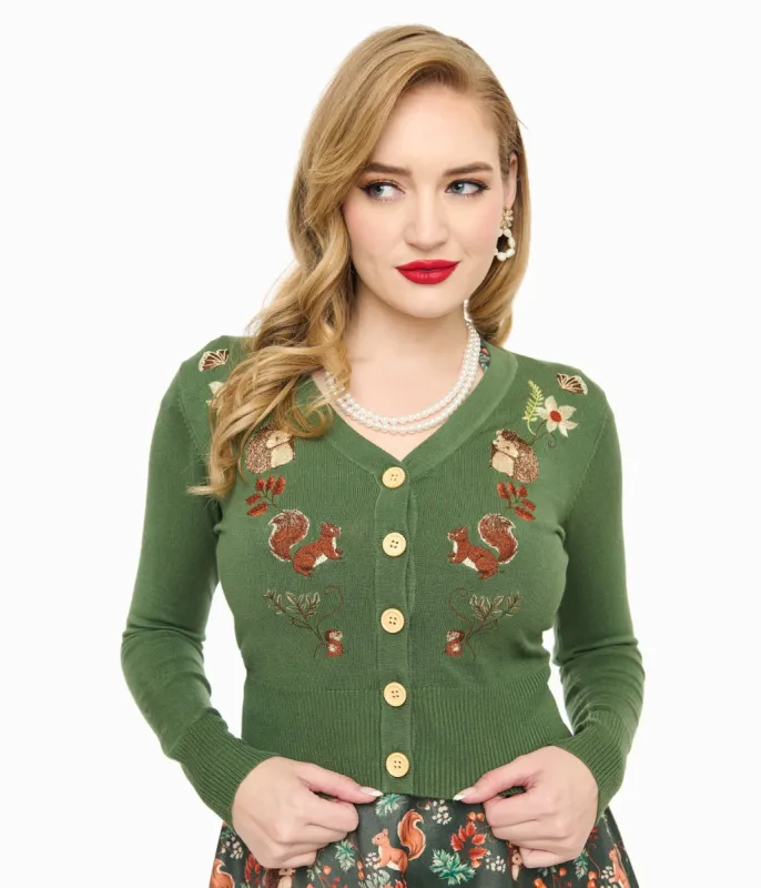 Voodoo Vixen 1950s Green Woodland Embroidered Cardigan sold by Unique Vintage