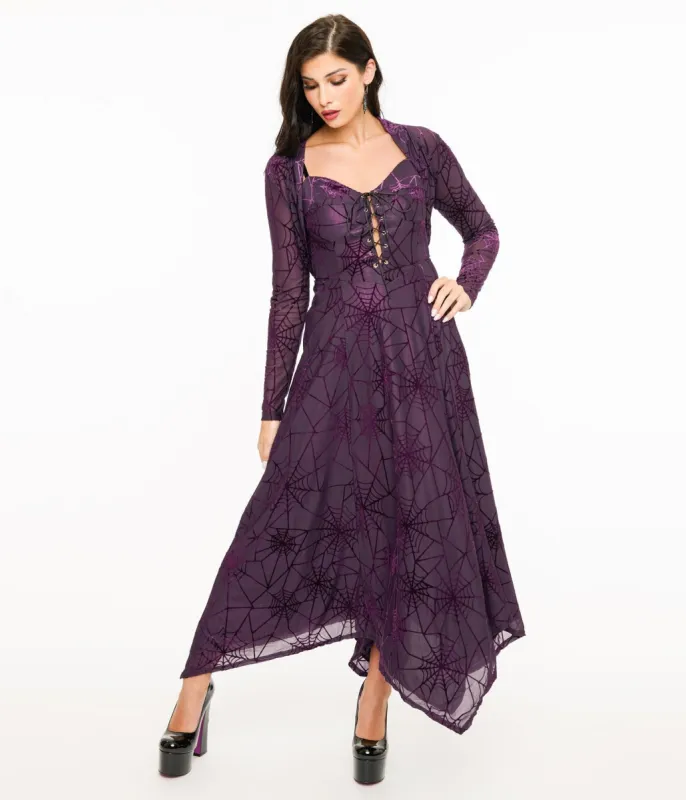 Wax Poetic Purple & Black Spiderweb Willow Maxi Dress & Bolero Set sold by Unique Vintage