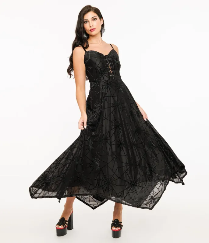 Wax Poetic Black Spiderweb Willow Maxi Dress & Bolero Set sold by Unique Vintage