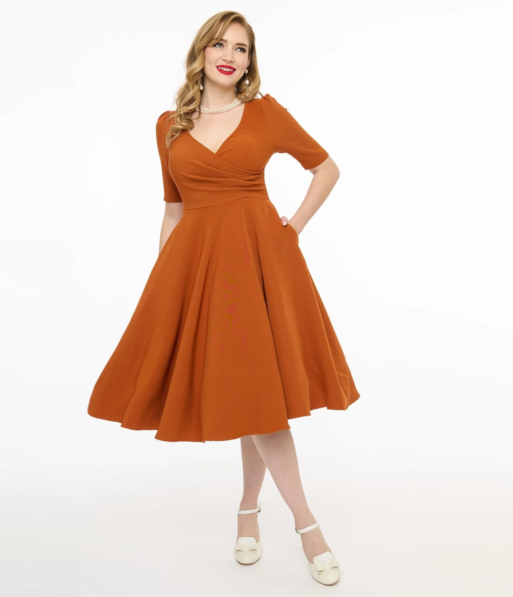 Voodoo Vixen 1950s Orange Wrapover Swing Dress sold by Unique Vintage product image thumbnail 3