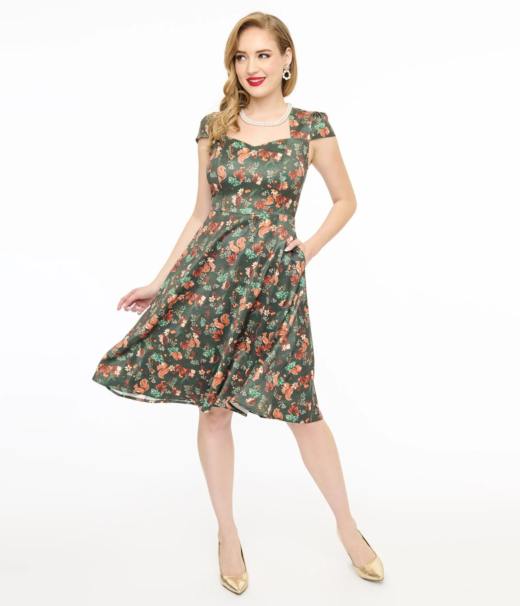 Voodoo Vixen 1950s Green Woodland Squirrel Print Swing Dress sold by Unique Vintage product image thumbnail 3