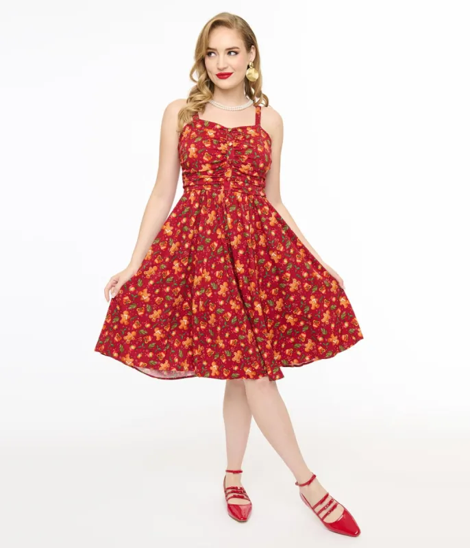 Miss Lulo 1950s Red Gingerbread Man Print Eden Fit & Flare Dress sold by Unique Vintage
