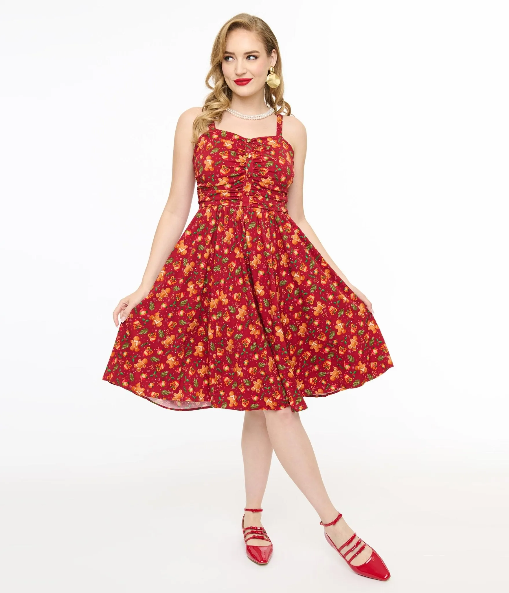Miss Lulo 1950s Red Gingerbread Man Print Eden Fit & Flare Dress sold by Unique Vintage