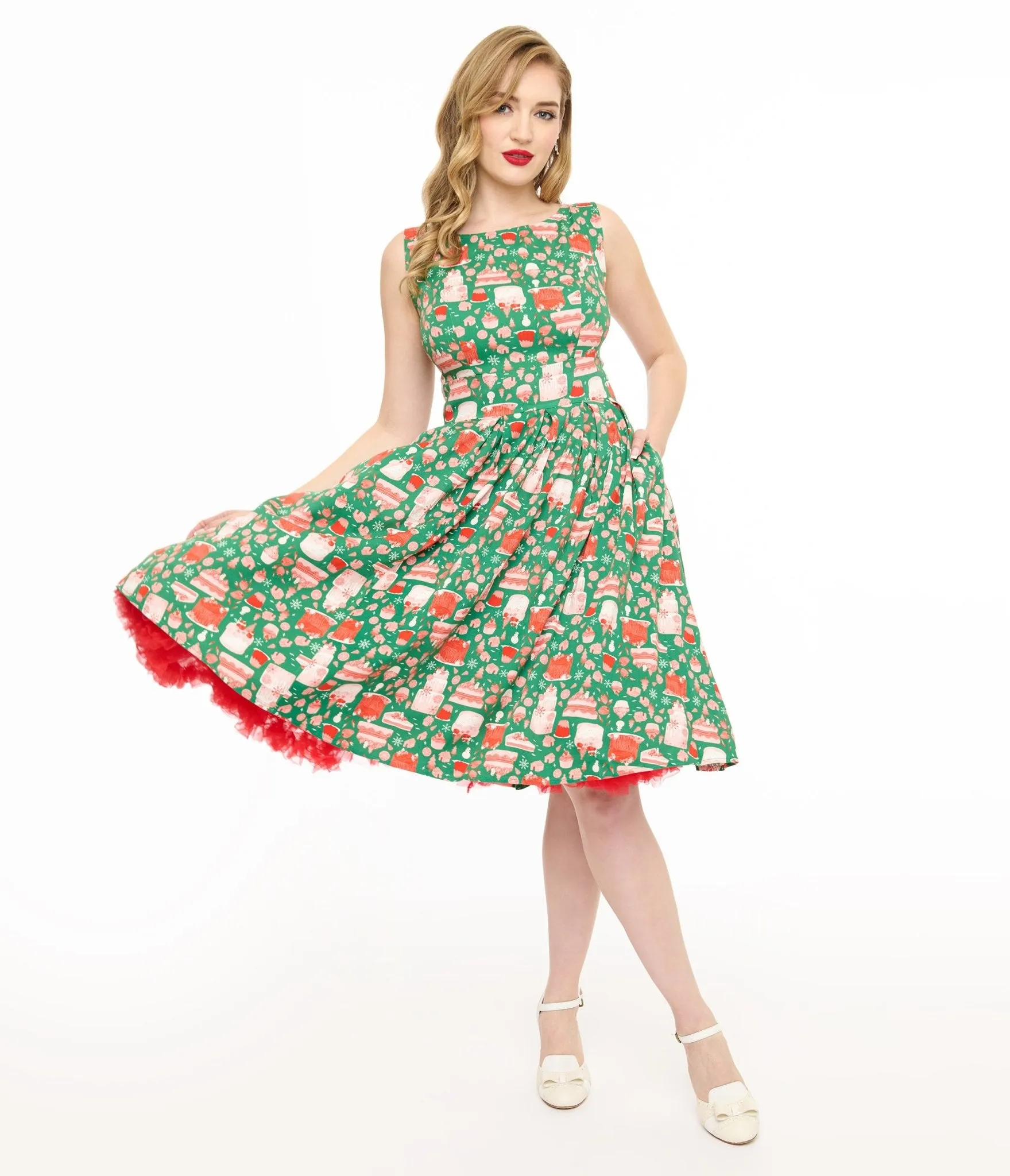 Miss Lulo 1950s Green & Red Holiday Cake Lily Swing Dress sold by Unique Vintage