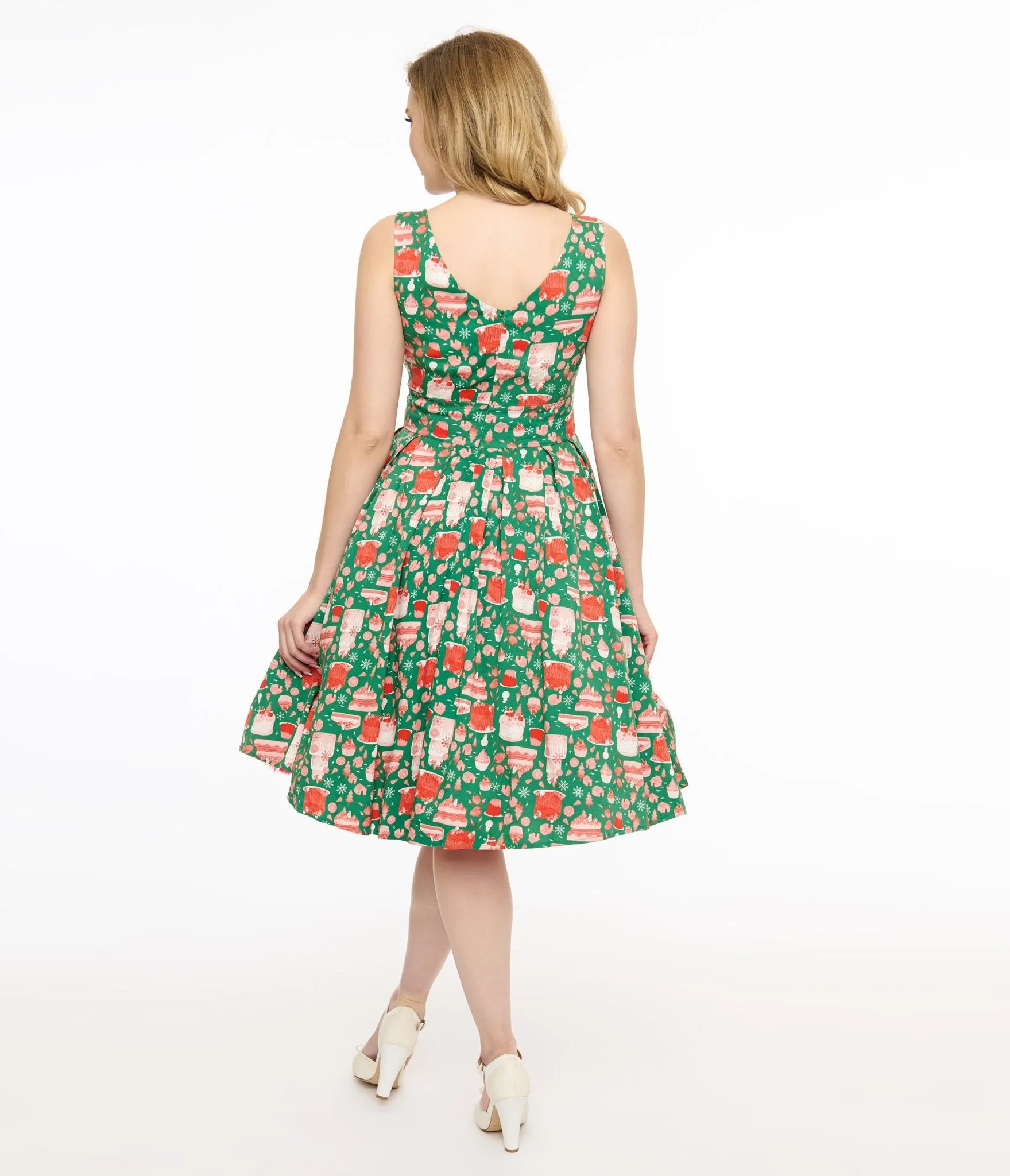Miss Lulo 1950s Green & Red Holiday Cake Lily Swing Dress sold by Unique Vintage product image thumbnail 3