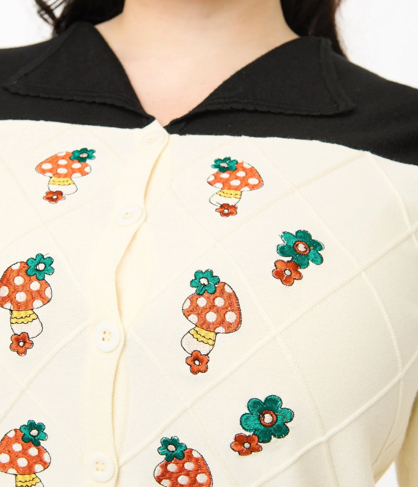 Smak Parlour Plus Size 1960s Ivory & Black Mushroom Embroidered Cardigan sold by Unique Vintage product image thumbnail 2