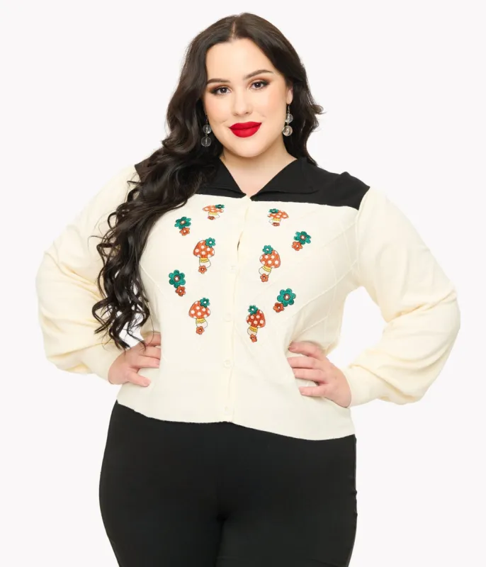 Smak Parlour Plus Size 1960s Ivory & Black Mushroom Embroidered Cardigan sold by Unique Vintage