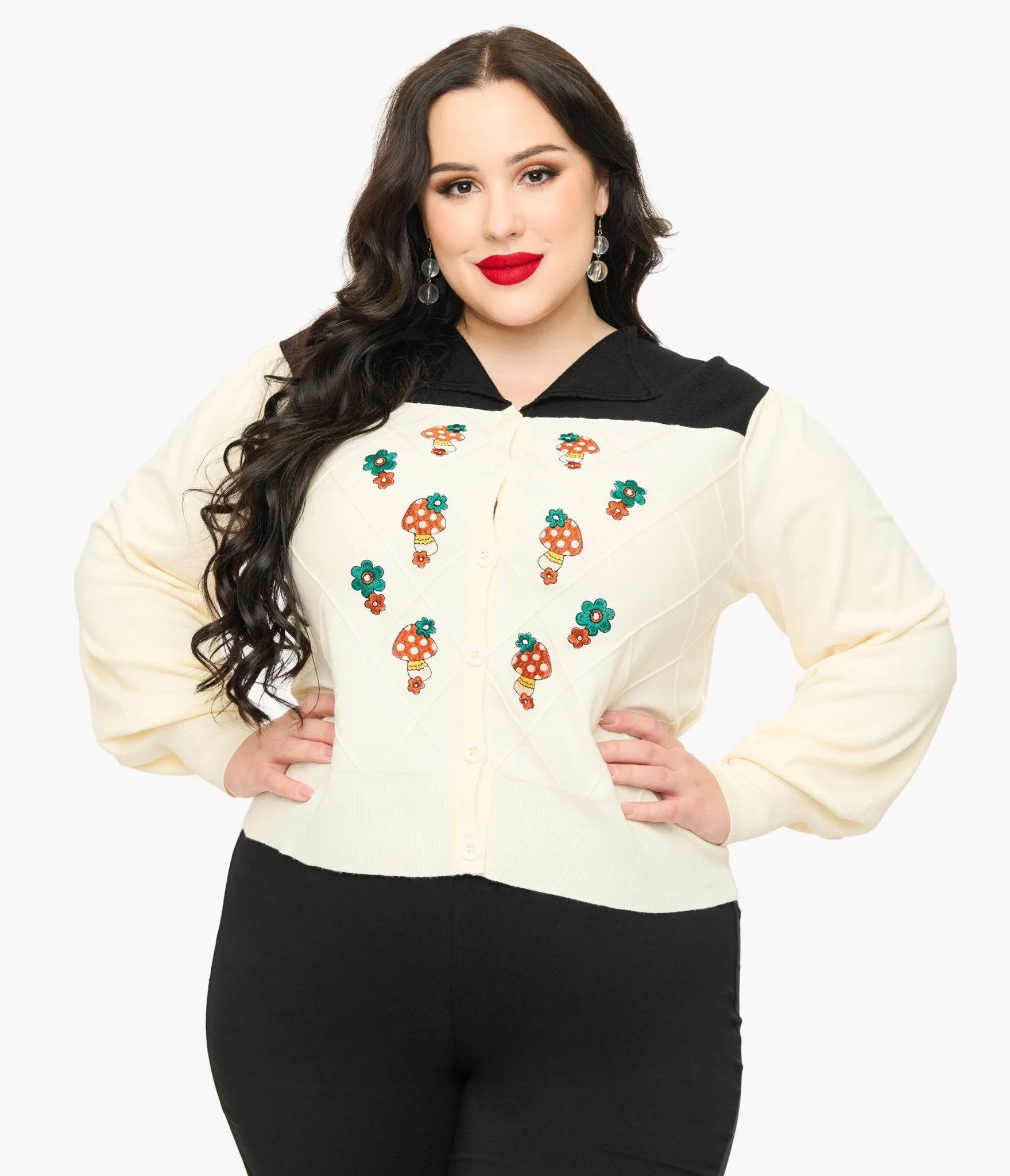Smak Parlour Plus Size 1960s Ivory & Black Mushroom Embroidered Cardigan sold by Unique Vintage