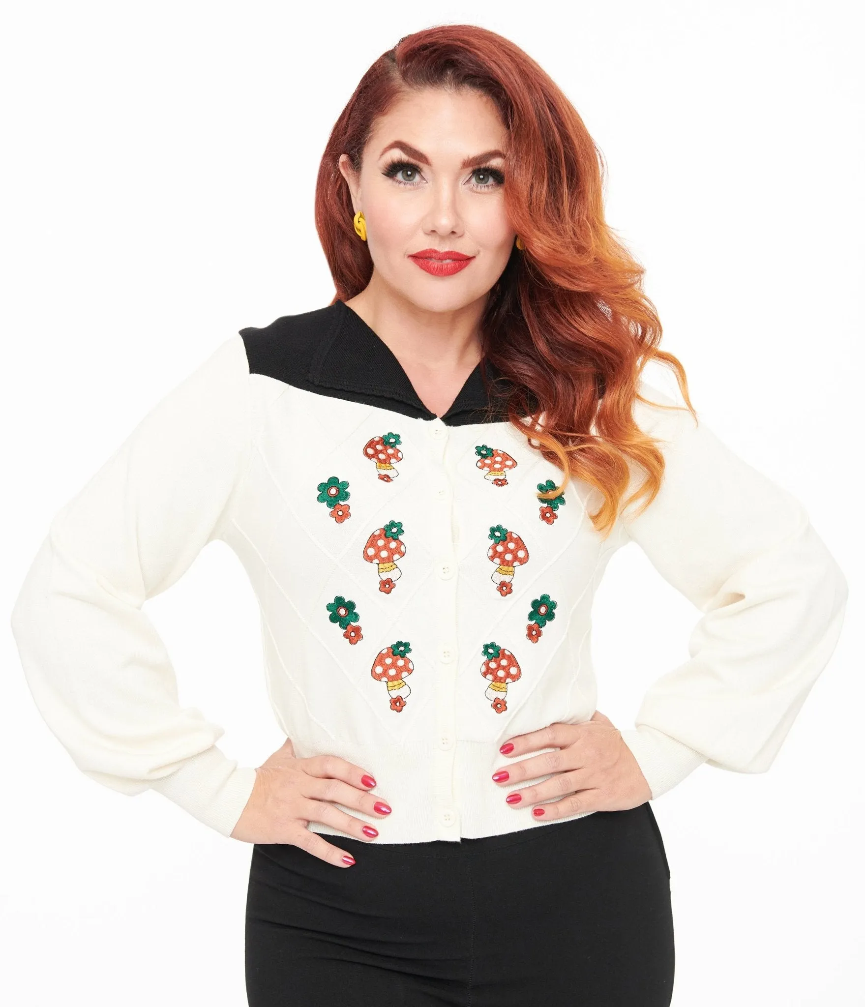 Smak Parlour 1960s Ivory & Black Mushroom Embroidered Cardigan sold by Unique Vintage