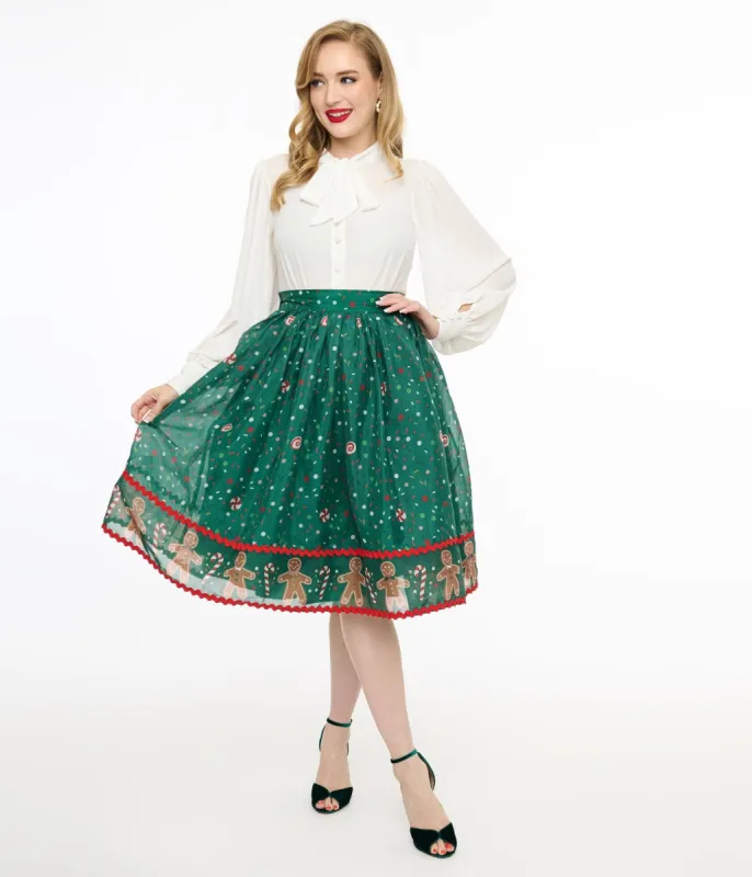 Unique Vintage 1950s Green Gingerbread Border Brilliance Swing Skirt sold by Unique Vintage