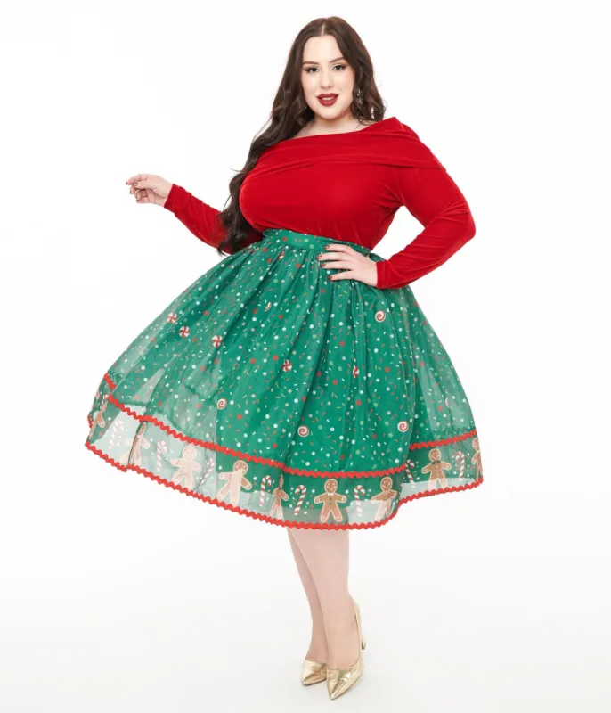 Unique Vintage Plus Size 1950s Green Gingerbread Border Brilliance Swing Skirt sold by Unique Vintage