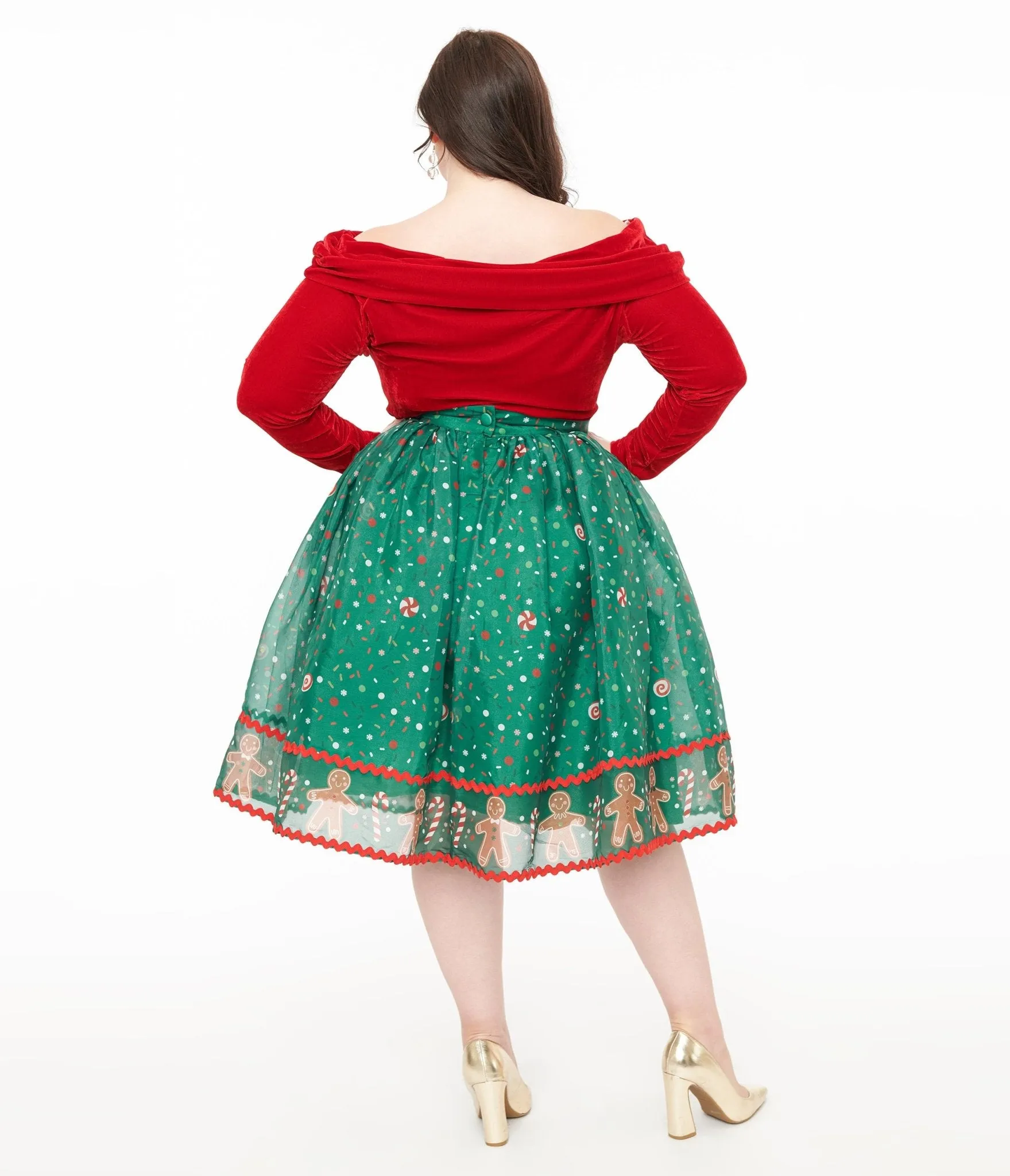Unique Vintage Plus Size 1950s Green Gingerbread Border Brilliance Swing Skirt sold by Unique Vintage product image thumbnail 3