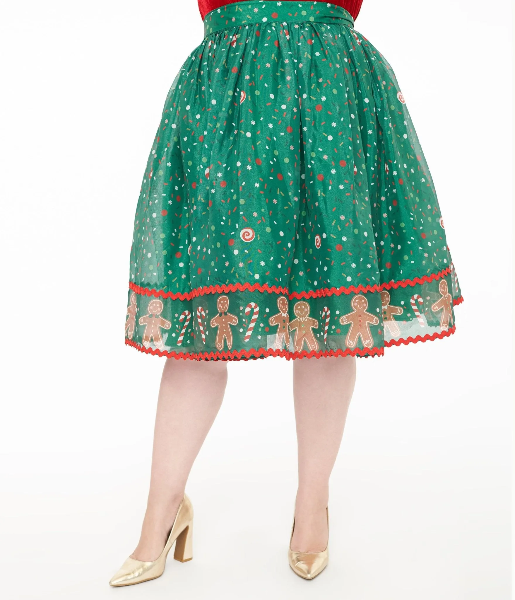 Unique Vintage Plus Size 1950s Green Gingerbread Border Brilliance Swing Skirt sold by Unique Vintage product image thumbnail 2