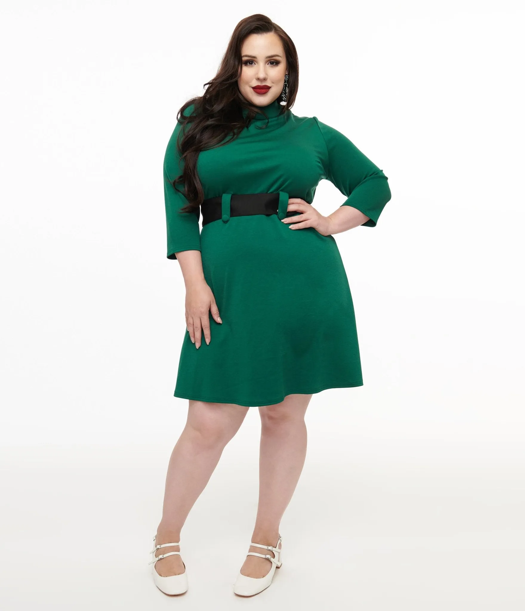 Smak Parlour Plus Size 1960s Emerald & Black Belted A-Line Dress sold by Unique Vintage