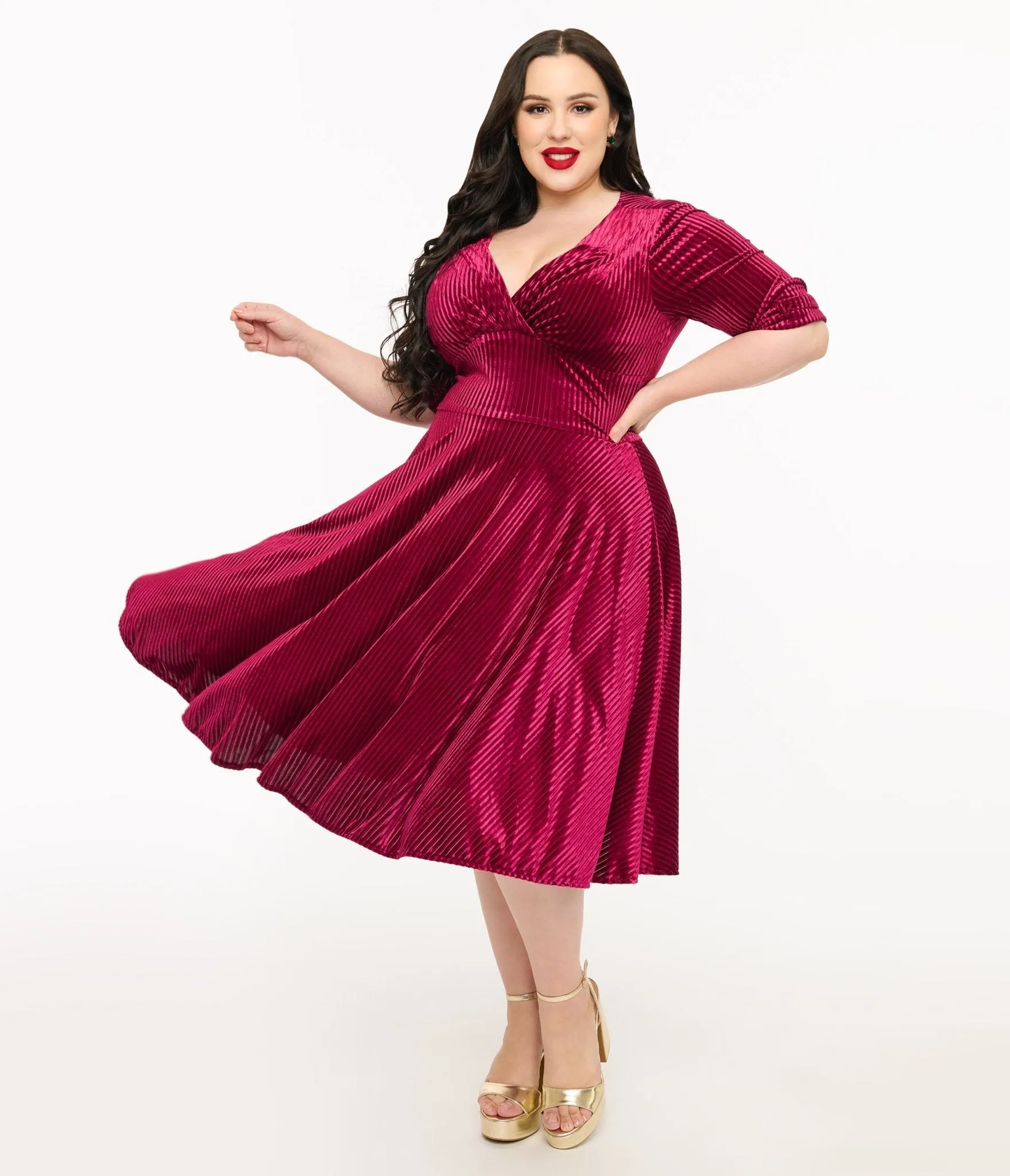 Unique Vintage Plus Size 1950s Merlot Textured Velvet Delores Swing Dress sold by Unique Vintage