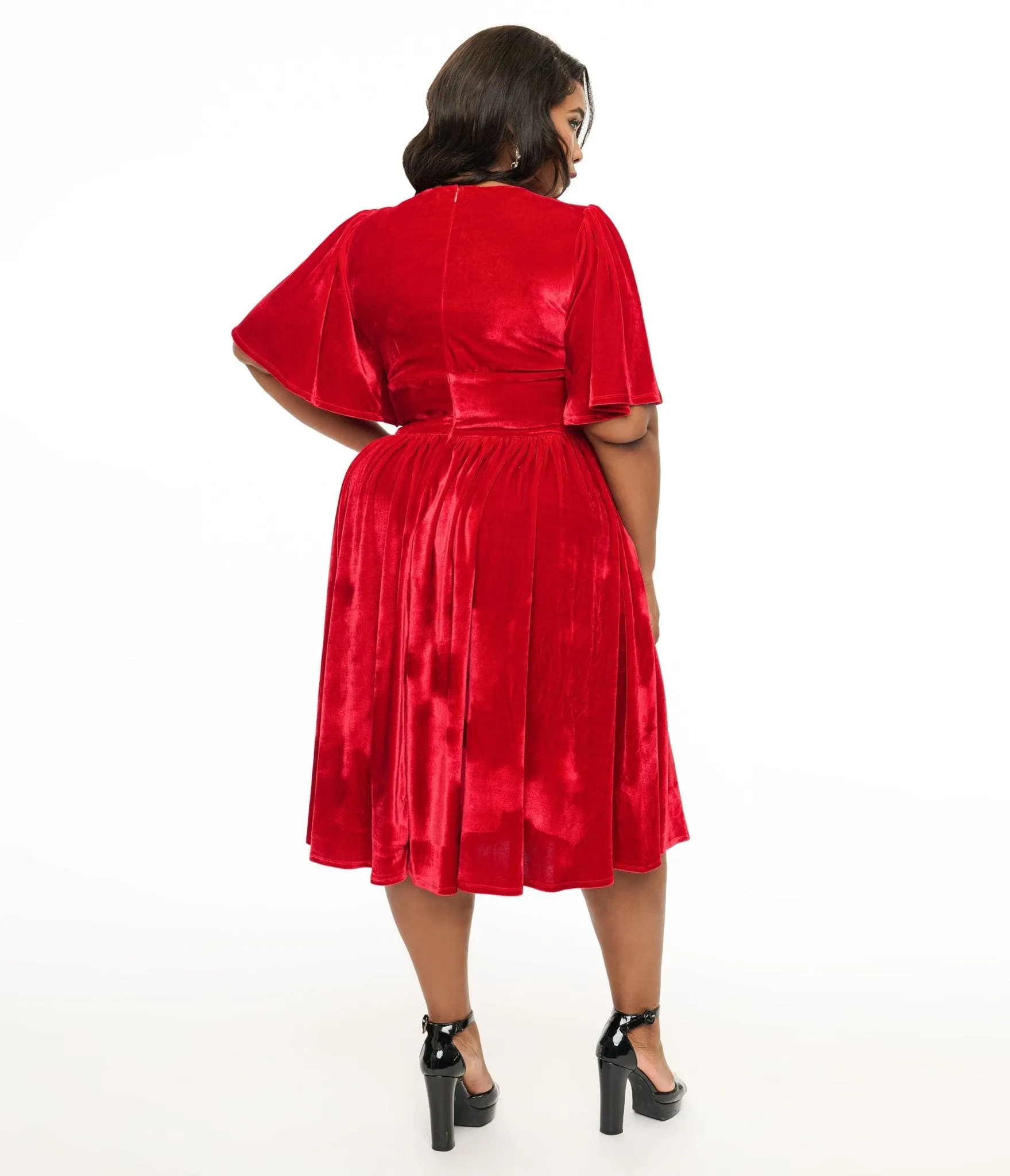 Unique Vintage Plus Size 1940s Red Velvet Flutter Sleeve Lenora Swing Dress sold by Unique Vintage product image thumbnail 2