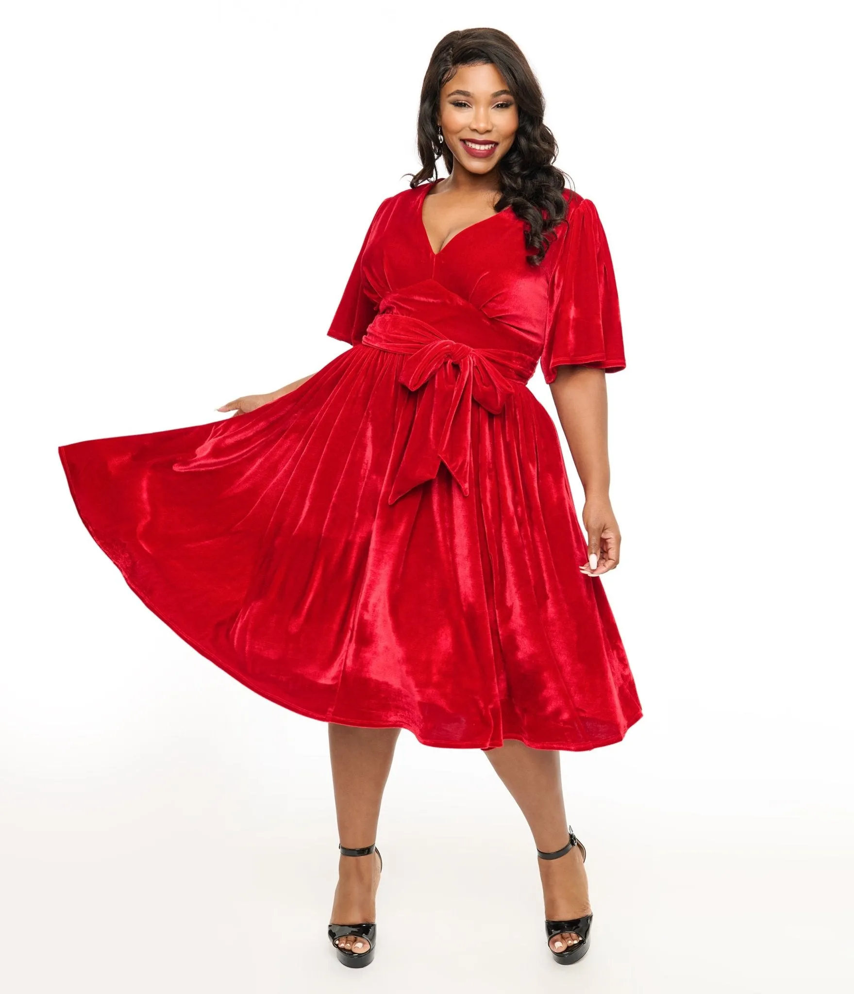 Unique Vintage Plus Size 1940s Red Velvet Flutter Sleeve Lenora Swing Dress sold by Unique Vintage