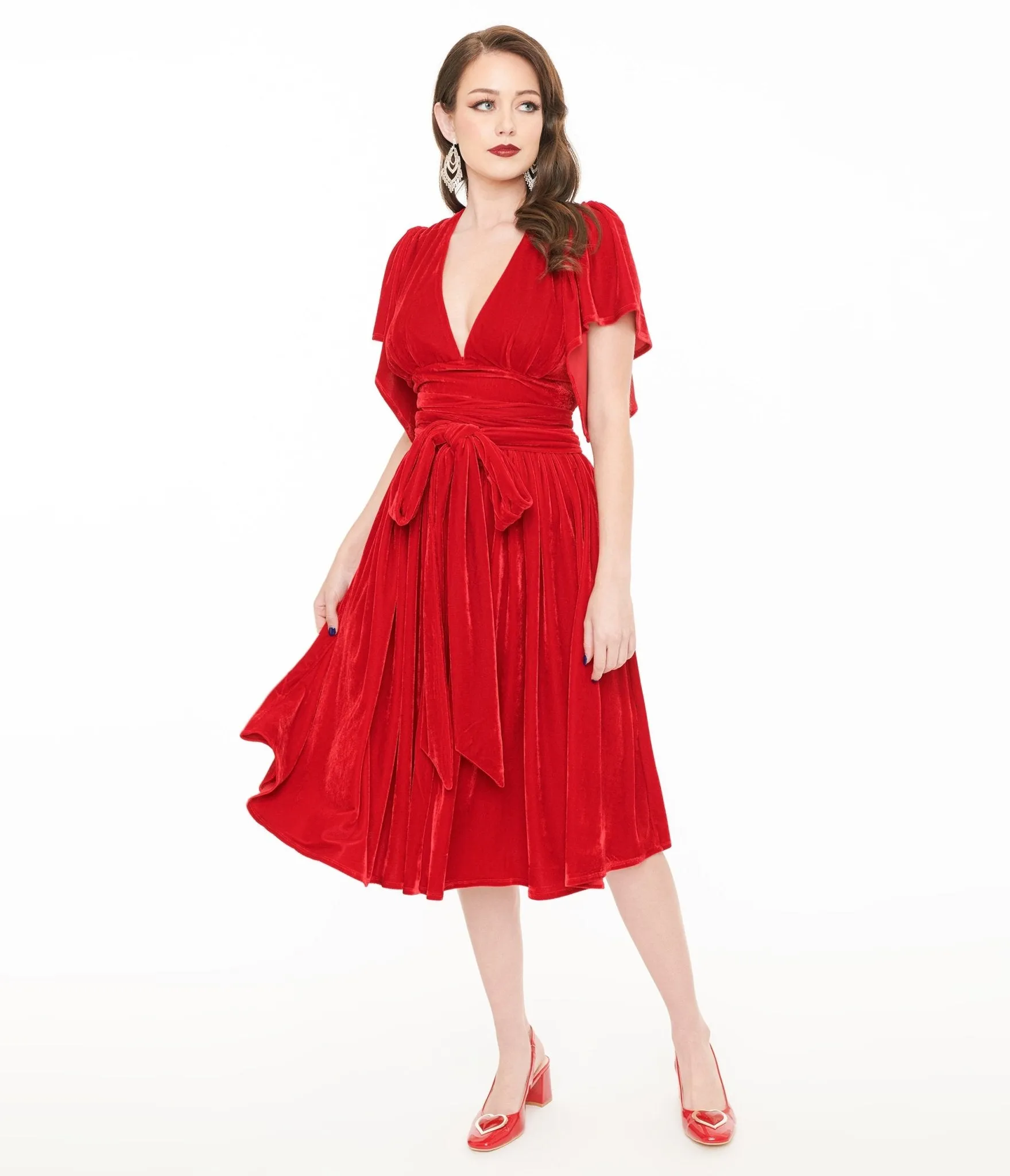 Unique Vintage 1940s Red Velvet Flutter Sleeve Lenora Swing Dress sold by Unique Vintage
