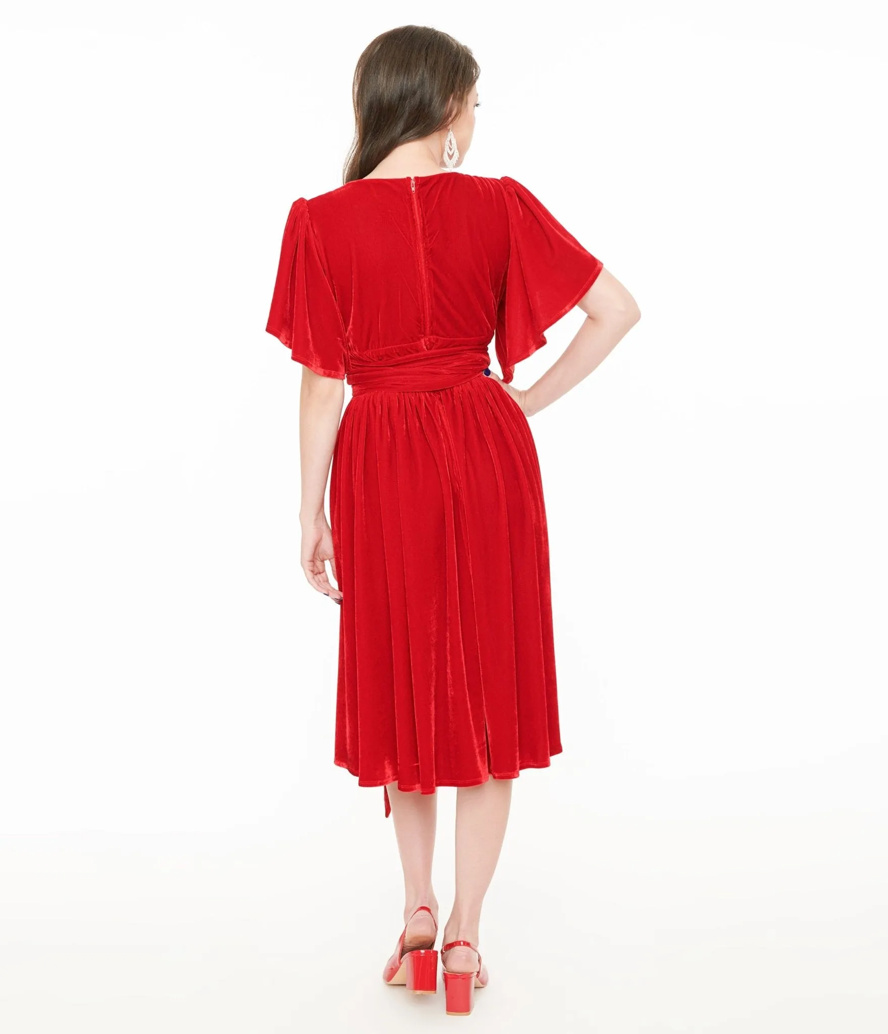 Unique Vintage 1940s Red Velvet Flutter Sleeve Lenora Swing Dress sold by Unique Vintage product image thumbnail 2