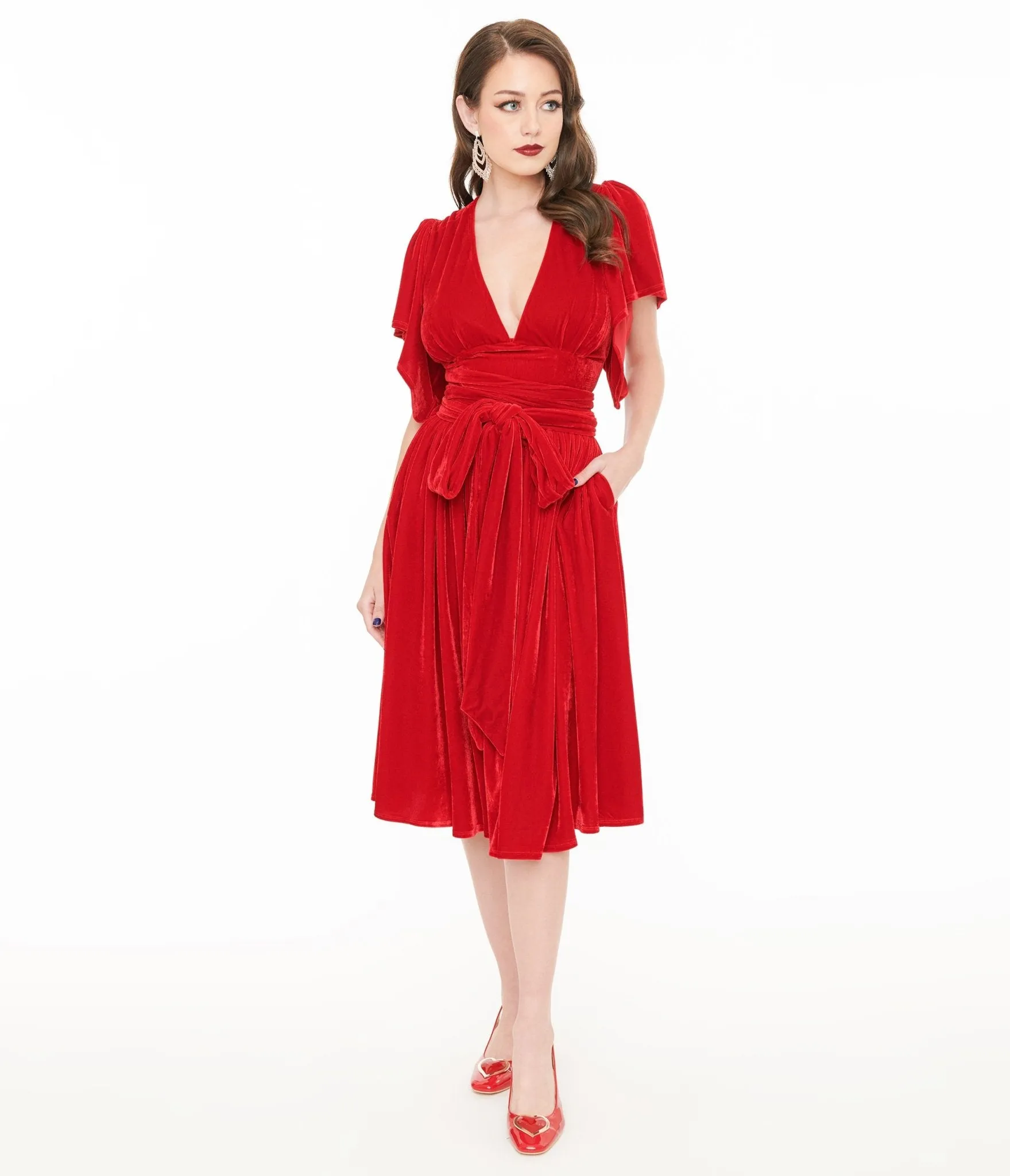 Unique Vintage 1940s Red Velvet Flutter Sleeve Lenora Swing Dress sold by Unique Vintage product image thumbnail 3