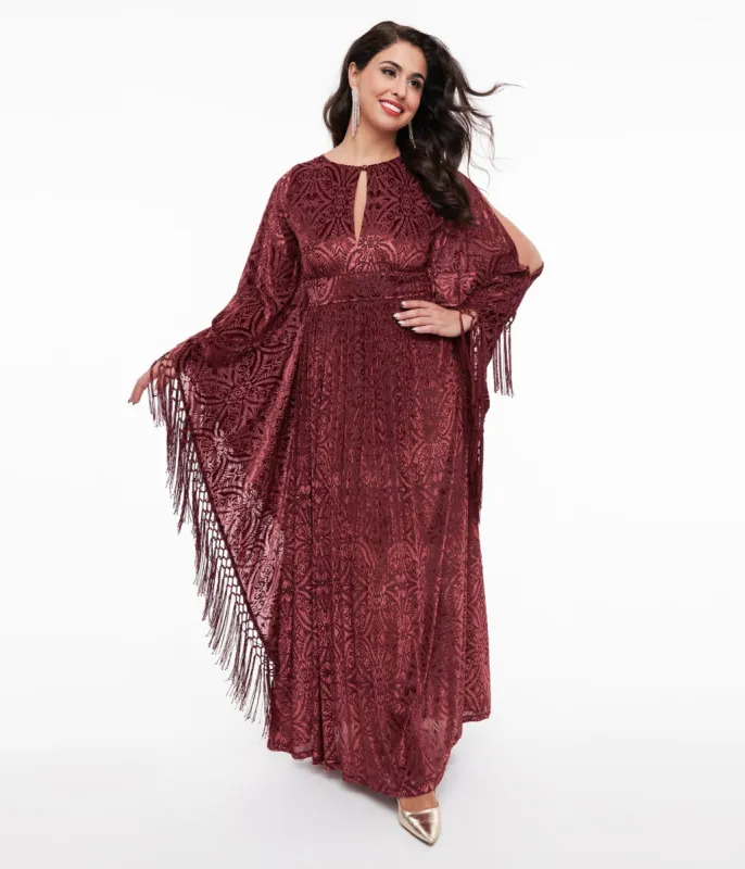 Unique Vintage 1960s Burgundy Velvet Burnout Caftan sold by Unique Vintage