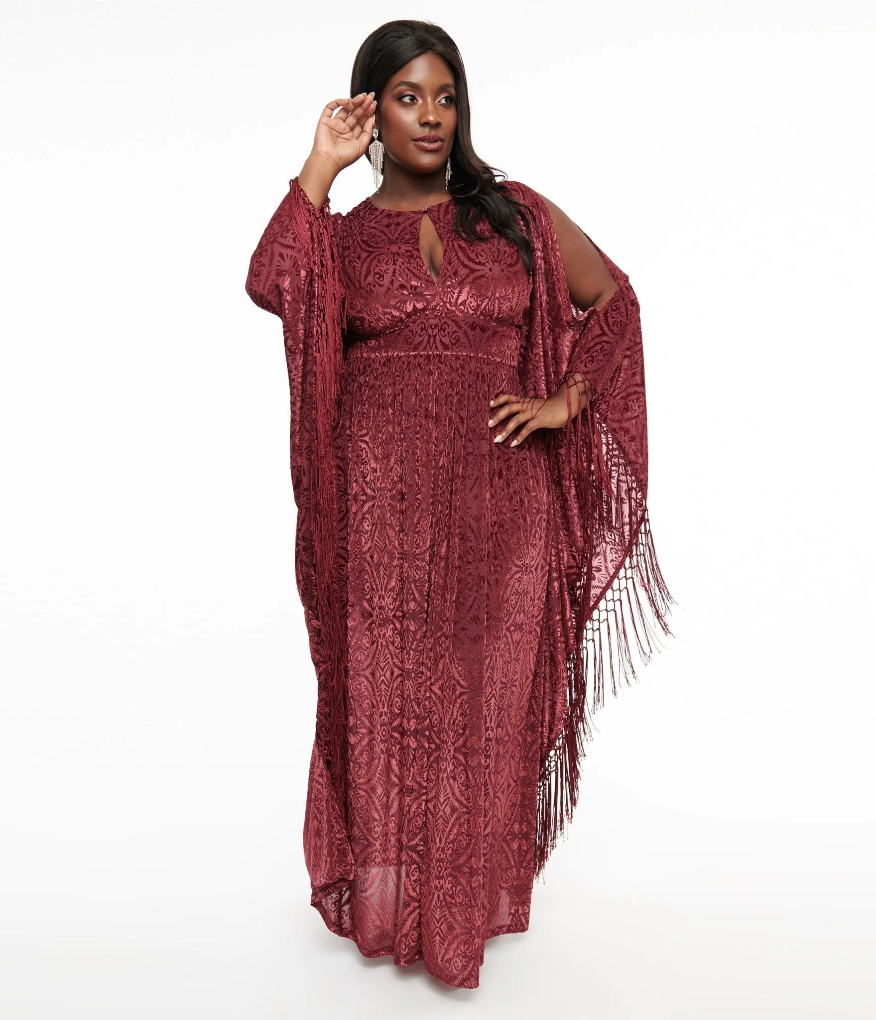 Unique Vintage Plus Size 1960s Burgundy Velvet Burnout Caftan sold by Unique Vintage product image thumbnail 3