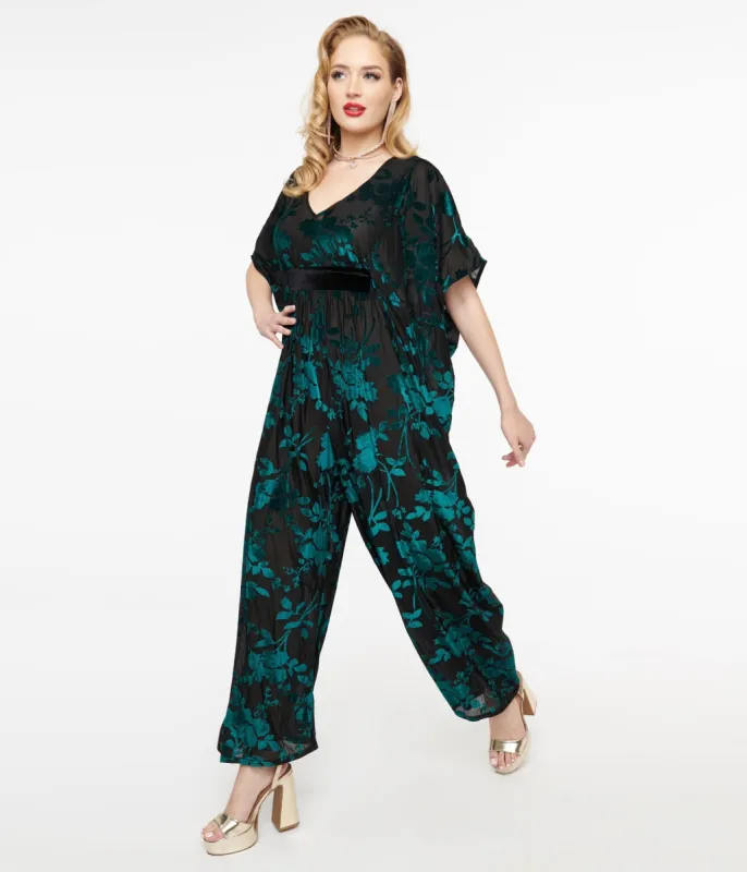 Unique Vintage 1970s Black & Teal Velvet Floral Burnout Caftan Jumpsuit sold by Unique Vintage