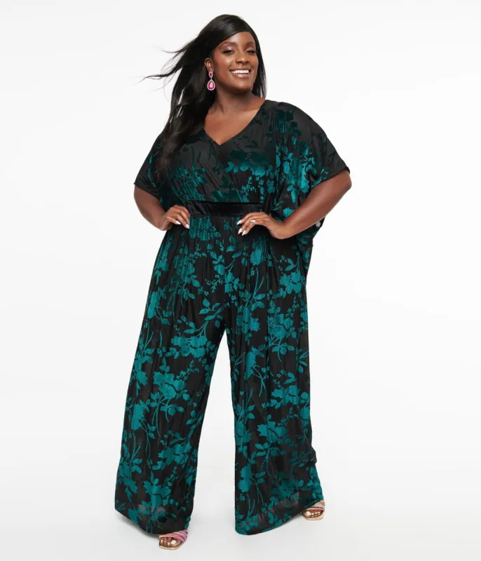 Unique Vintage Plus Size 1970s Black & Teal Velvet Floral Burnout Caftan Jumpsuit sold by Unique Vintage